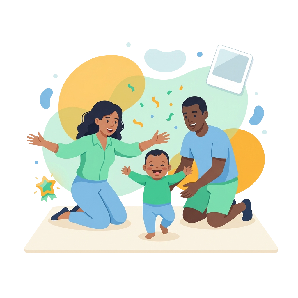 Happy family with baby using BabyTrack app